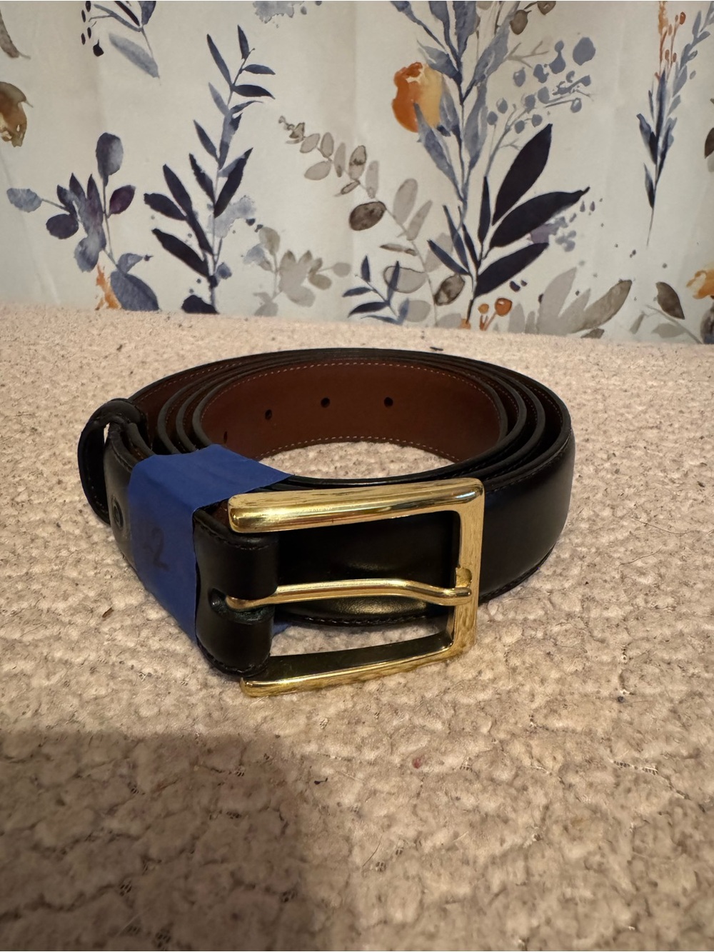 Men's Black Leather Belt with Polished Gold Buckle Size 42